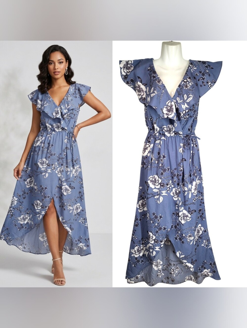 Japna Floral Slate Blue High Low Faux Wrap Maxi Dress Ruffle V-neck Size XS